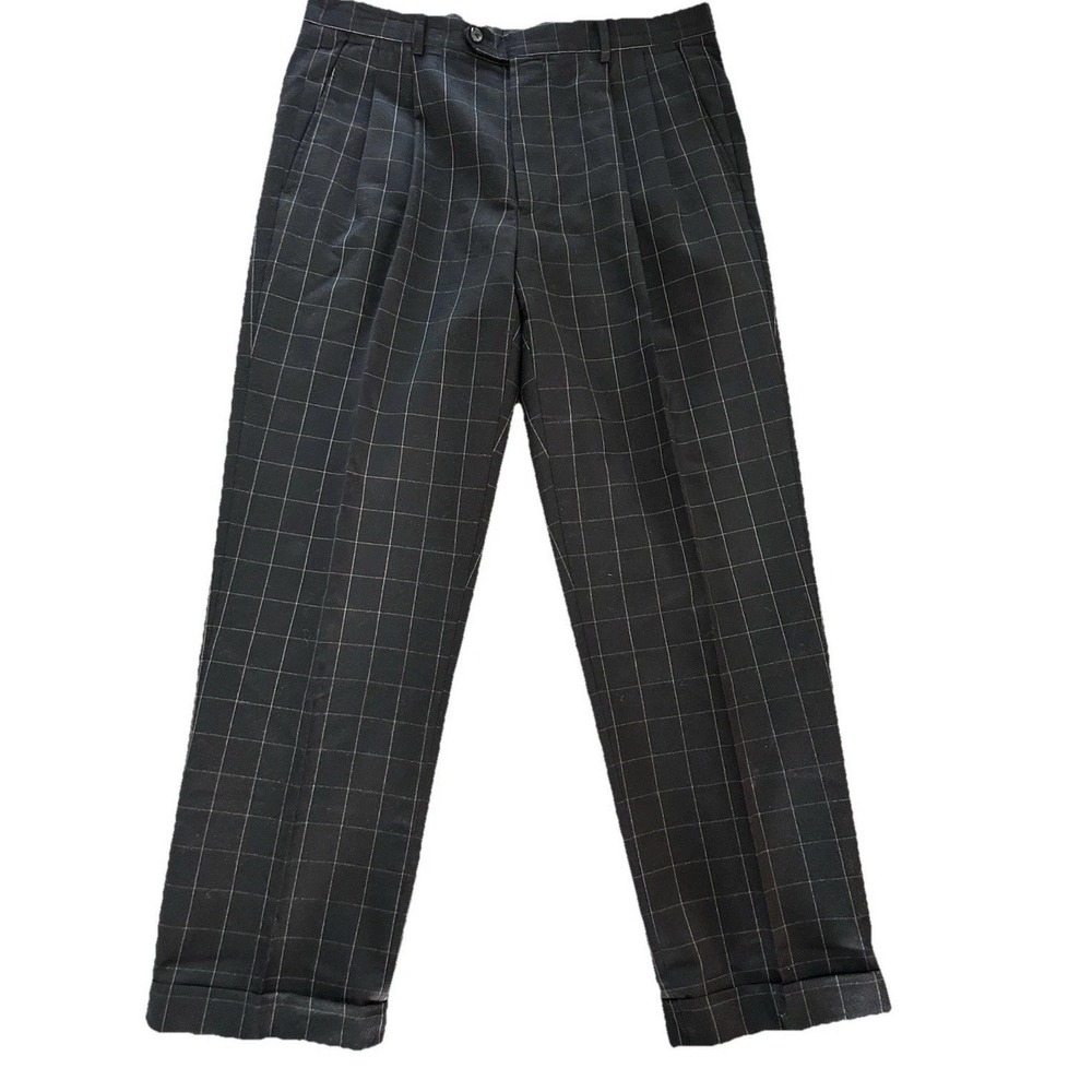 Cremieux Men's Wool Pants Black Windowpane 36 X 29 Pleated Cuffed Hem